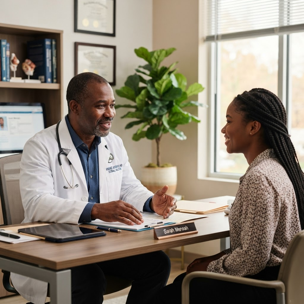 African doctor consulting African patient at Hope Health Clinic