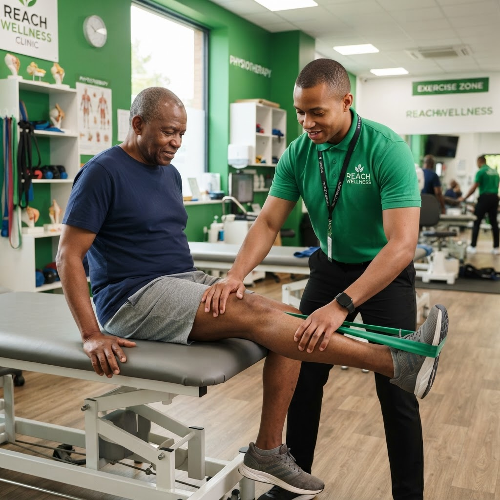 African physiotherapist helping patient with rehabilitation at Hope Health Clinic